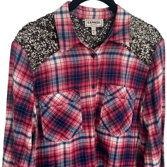 Express Boyfriend Red and Blue Sparkle Panel Plaid Long Sleeve Button Up Size M - Picture 3 of 11